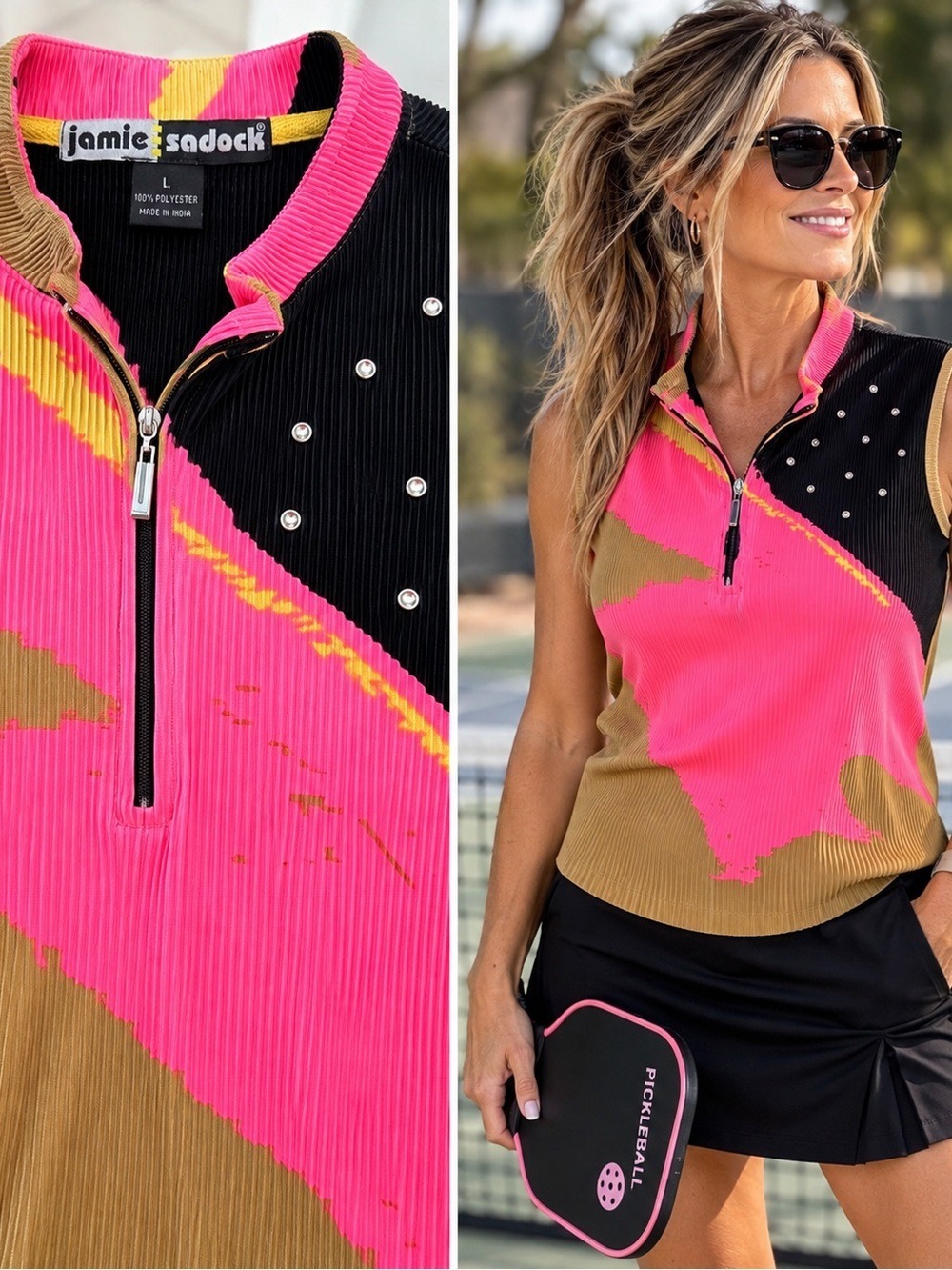 Jamie Sadock L Pleated Sleeveless Golf Top Hot Pink Black Studded Quarter Zip